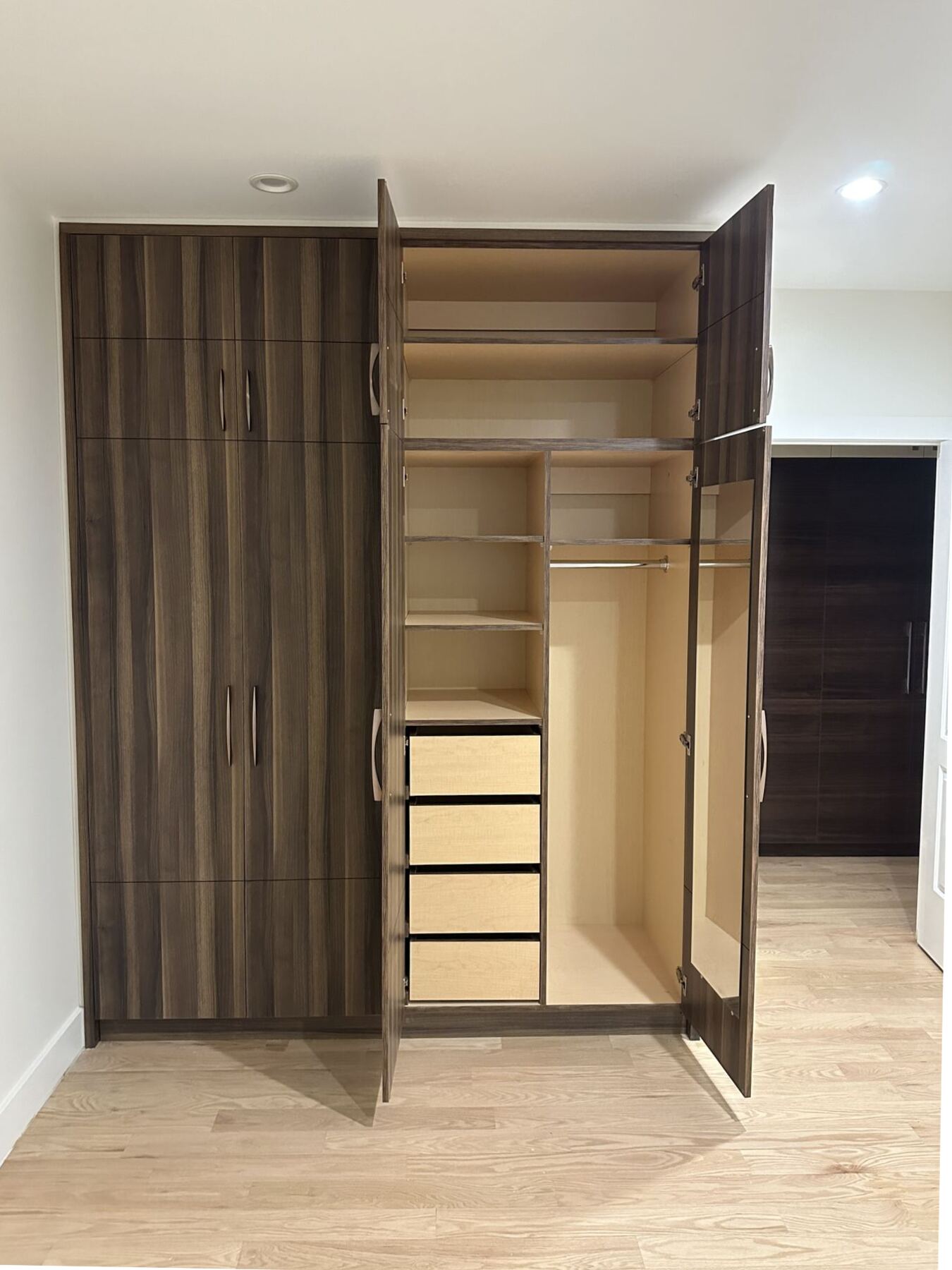 Custom wardrobe with open dark wood doors