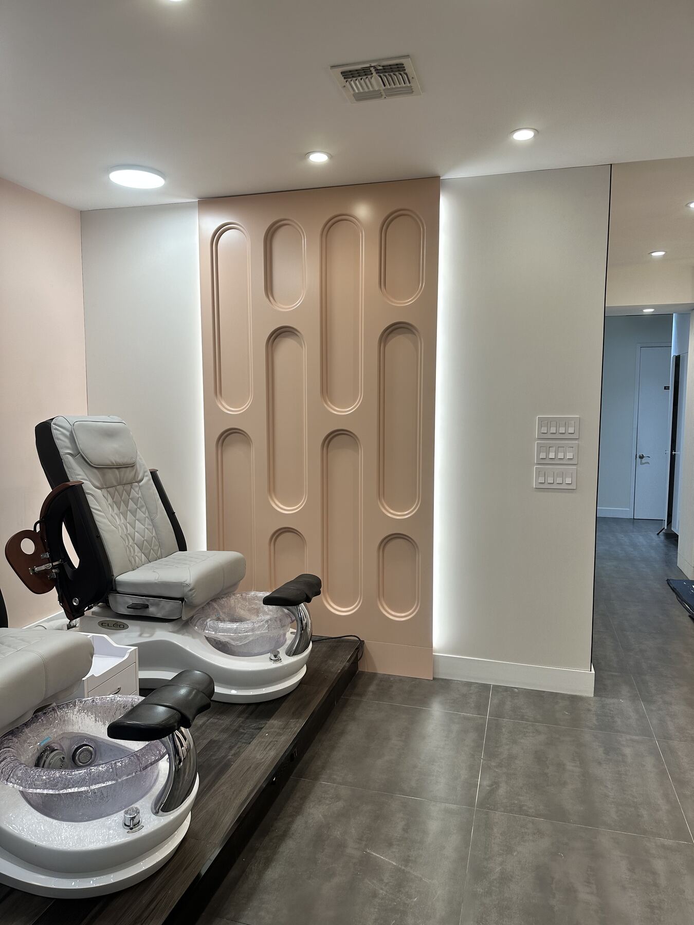Beauty salon pedicure station cabinetry