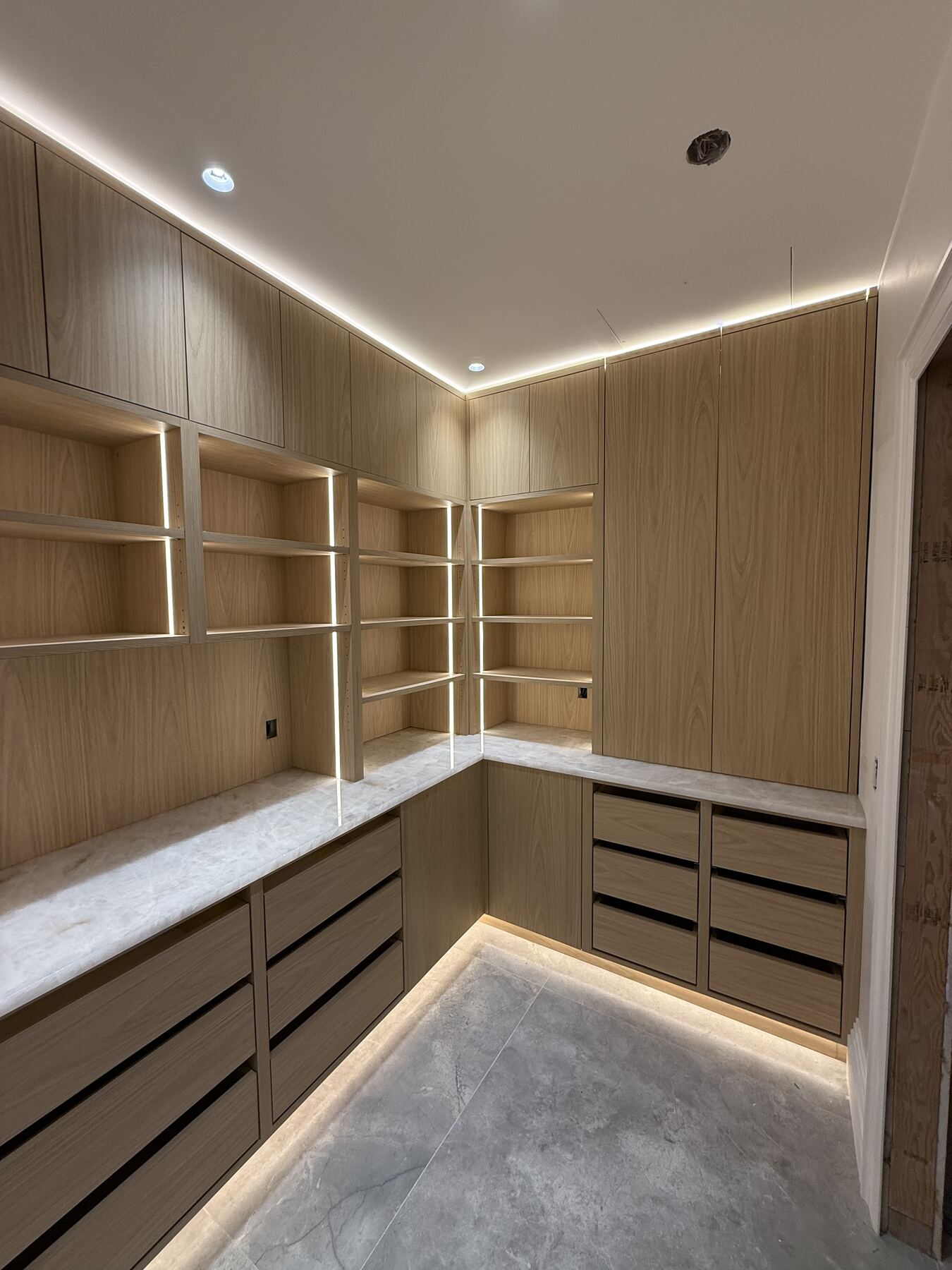 Corner pantry cabinetry with marble countertop